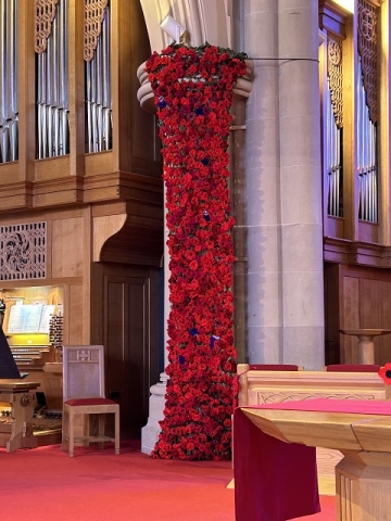 A Remembrance Installation, 'We Will Remember Them Together', created by the Women's Group, Flower Committee, members and friends of Sherbrooke Mosspark Parish Church and Ibrox Parish Church. Over 1600 individual poppies were knitted.