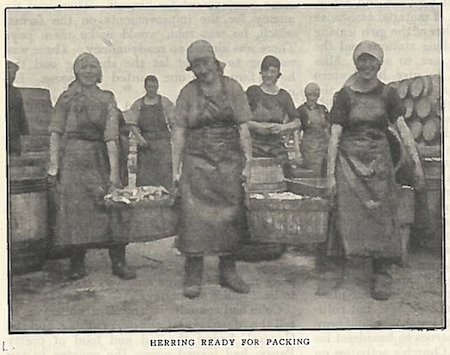 Black and white picture of women holding large baskets of fish, captioned 'Herring Ready for Packing'